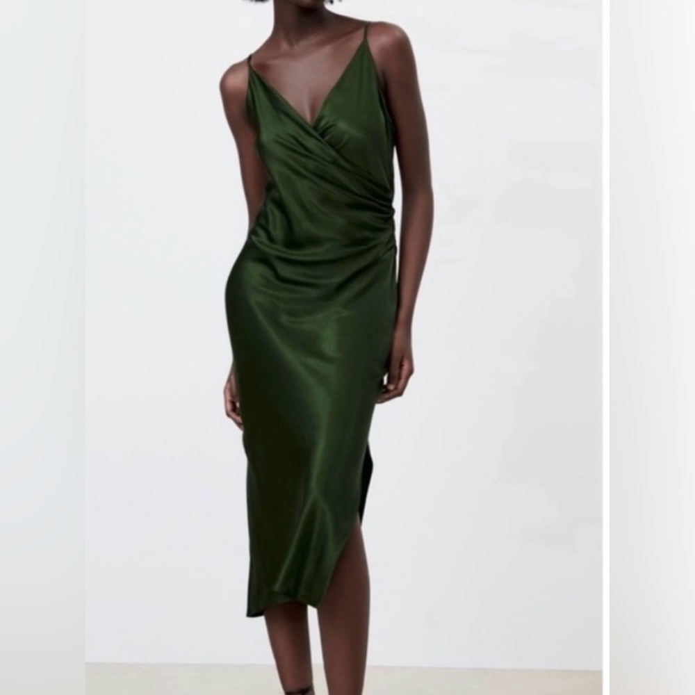 Zara Dark Green Satin Midi Dress